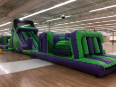 10' x 70', 3-piece, inflatable purple and green obstacle course with slide bounce house, with