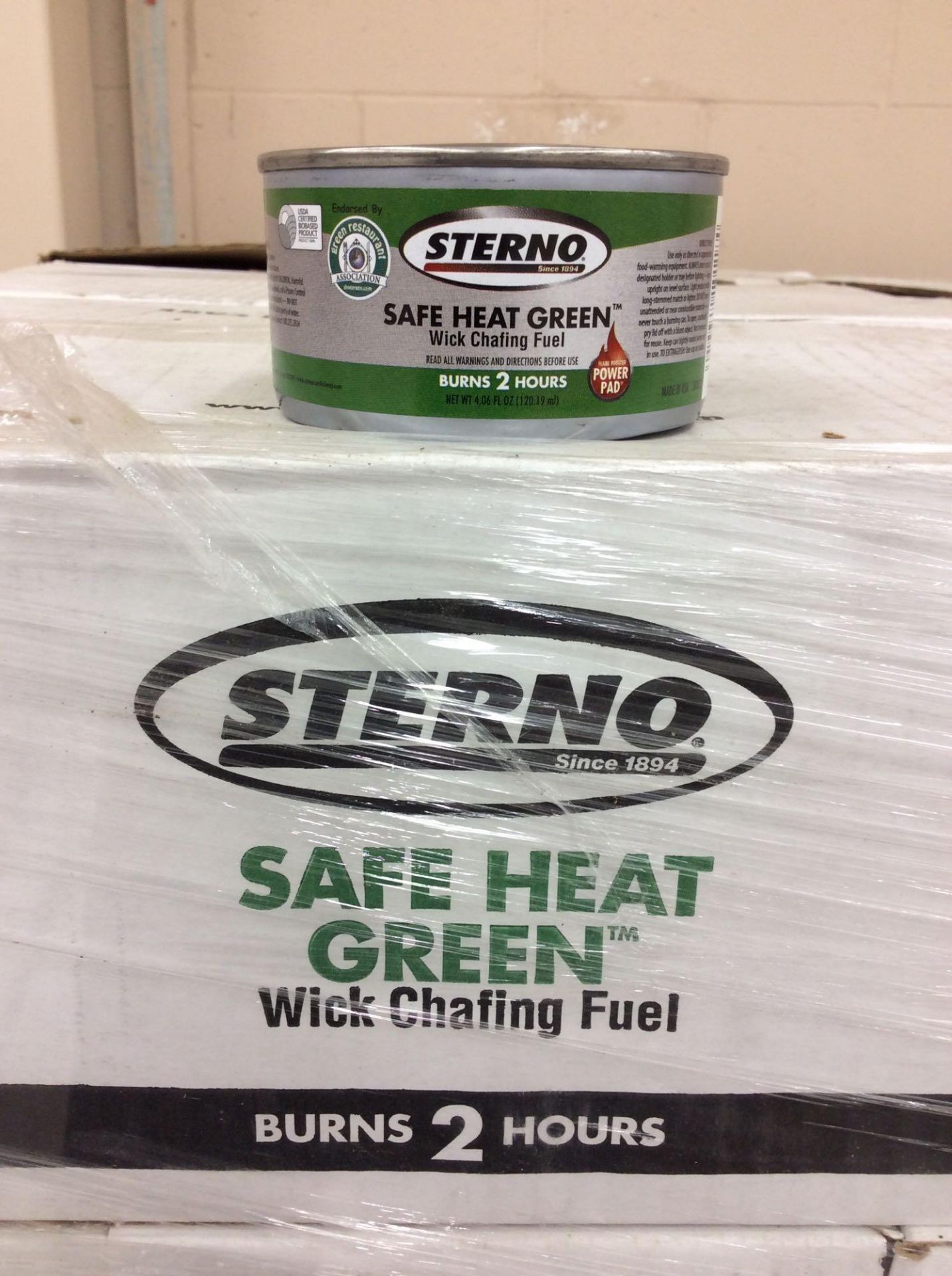 Lot of (63) cases of Sterno Safe Green Heat Wick Chafing Fuel, 2-hr, 4.06-oz, (72) cans per case