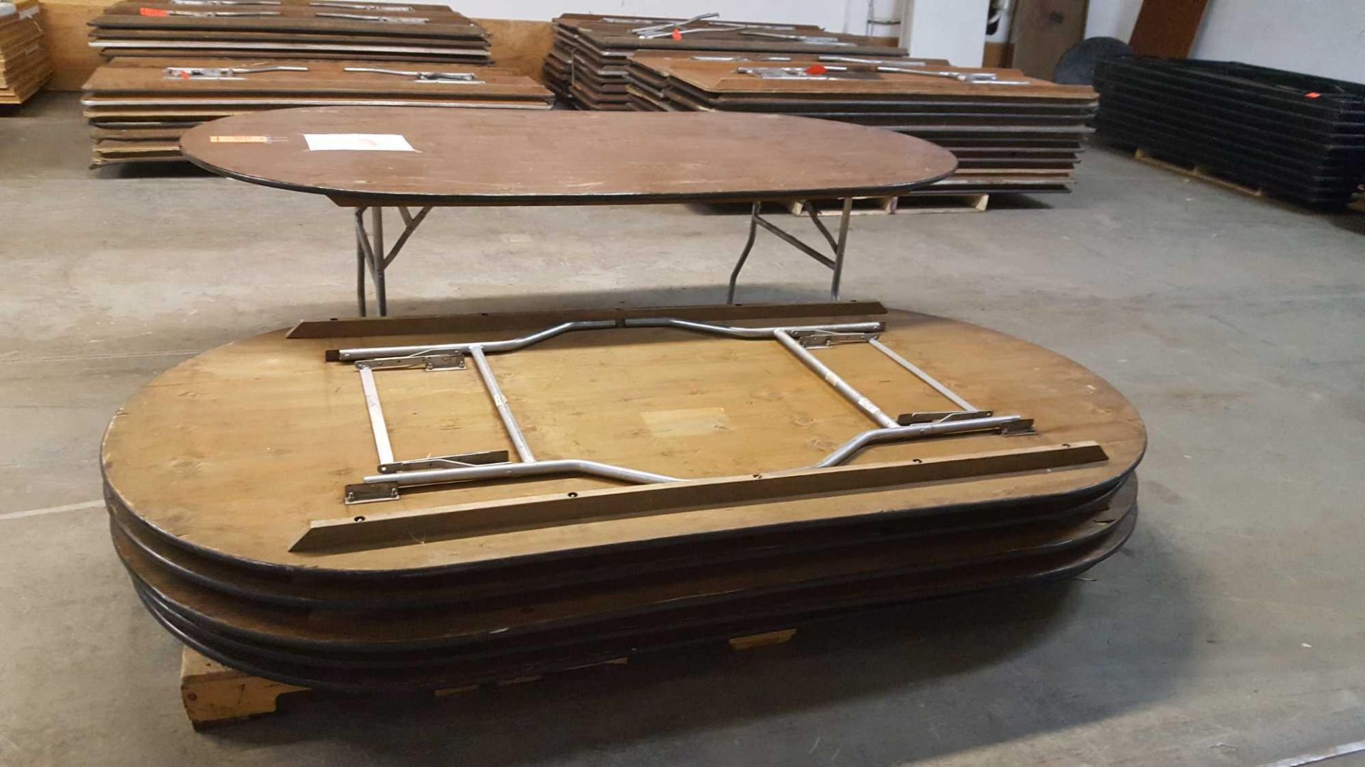 Lot of (6) Palmer racetrack tables, oval 84 inch by 48 inch by 30 in, with folding legs. - Image 3 of 4