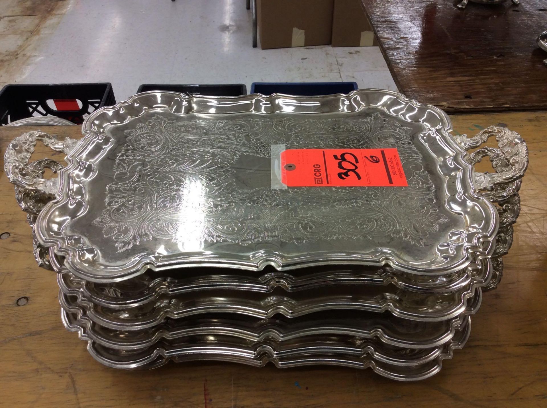 Lot of (6) 2-handled silver-plated serving trays, approx. 13.5" x 19"