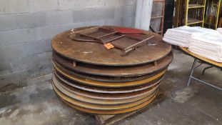 Lot of (10) assorted 60 inch diameter wood tables with folding legs