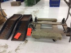 Lot includes Reese hitch receiver, (3) 4 wheel dollies, (1) pair of metal car ramps