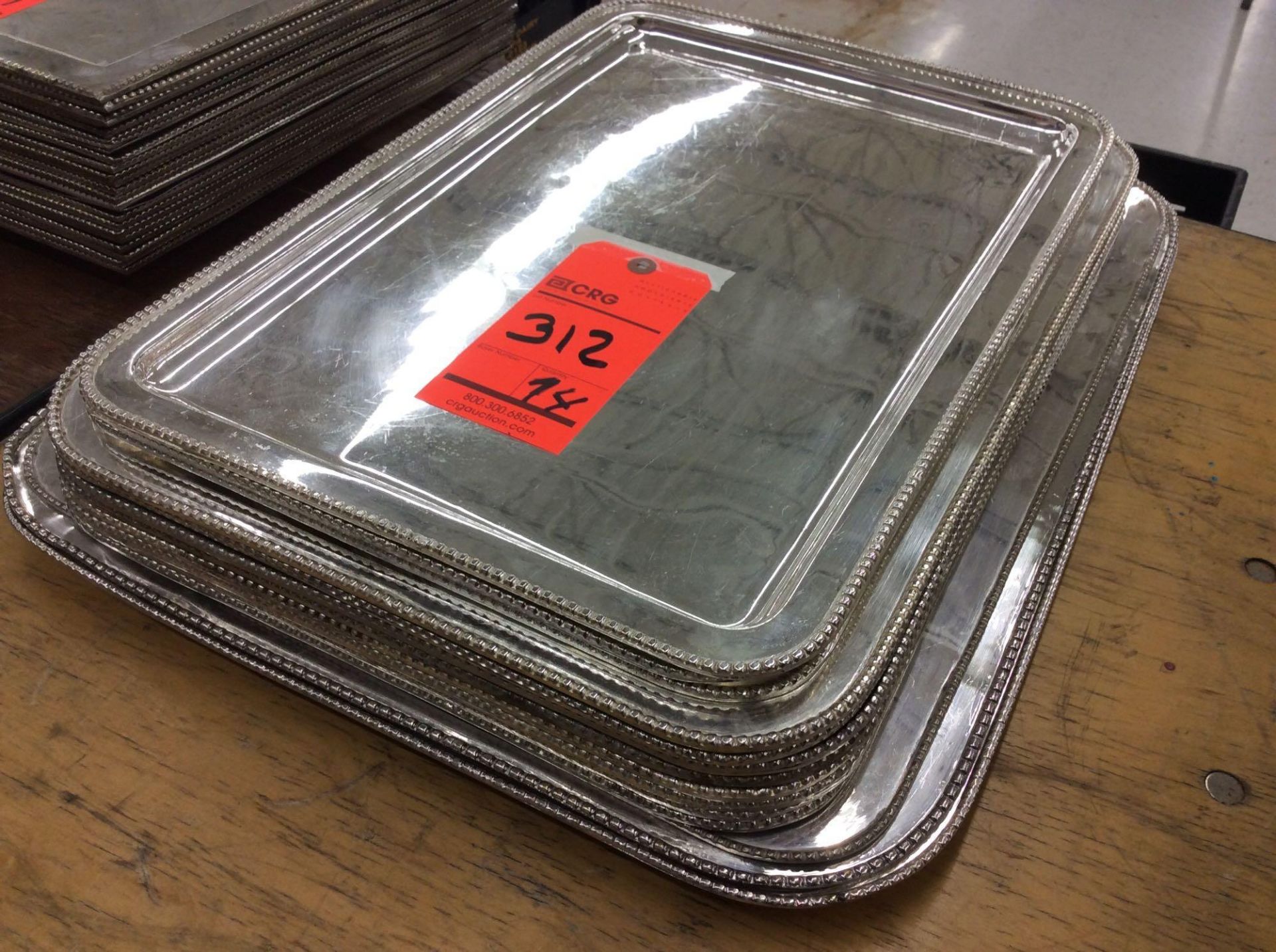 Lot of (14) asst silver-plated serving trays, ranging from 13" x 18.5" to 17.5" x 22"