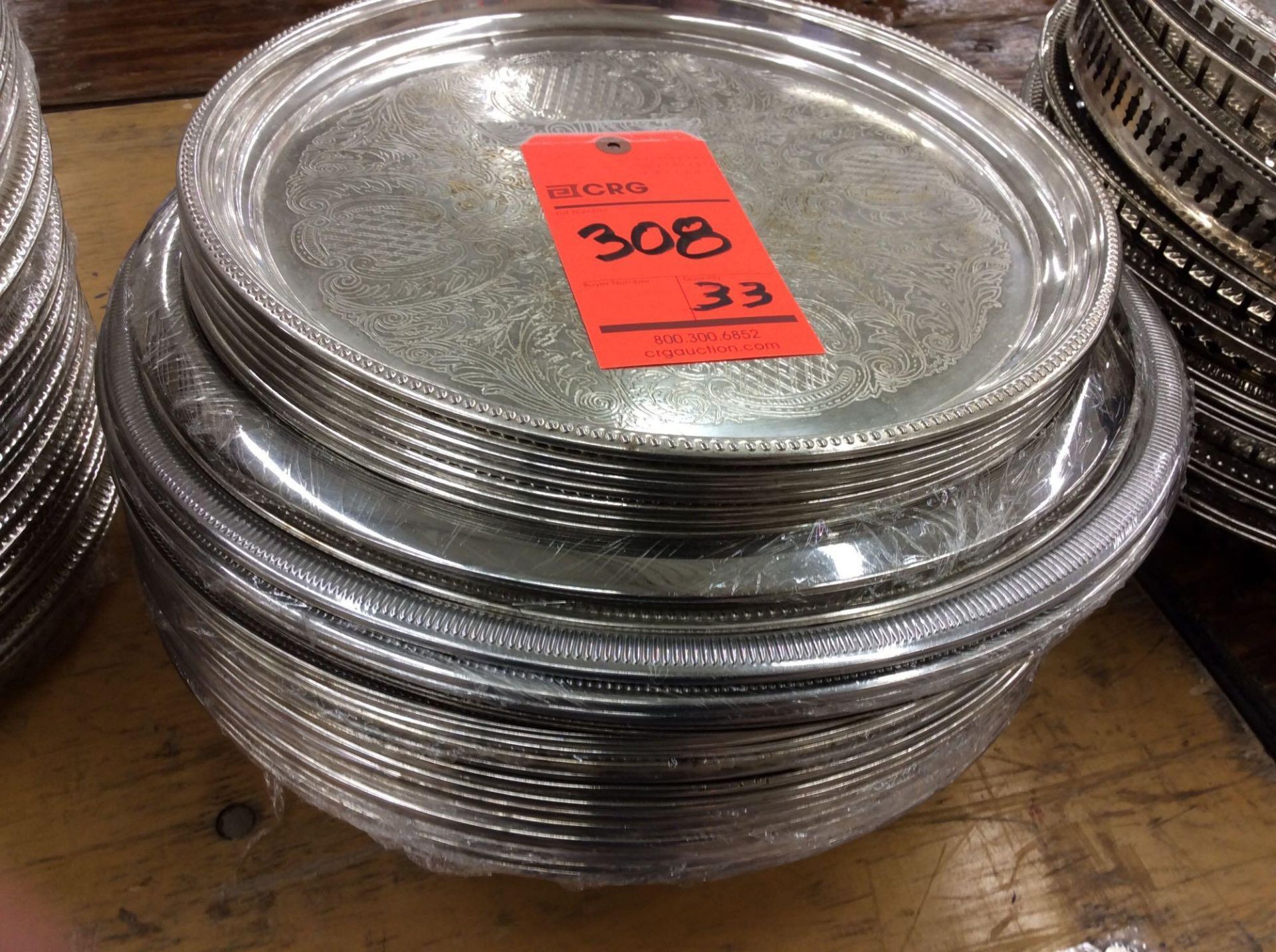 Lot of (33) asst round silver-plated serving trays, 12.5" - 15" diameters