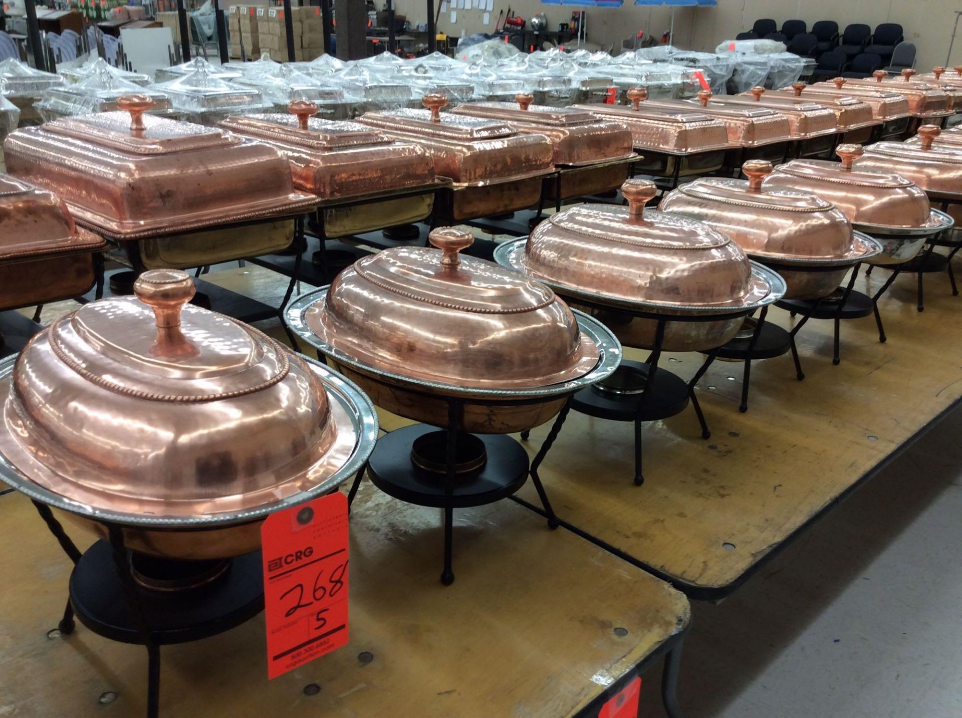 Lot of (5) copper finish oval chafers, approx. 13" x 17"