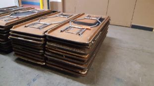 Lot of (20) assorted 6 foot by 30 inch folding leg wood tables on a pallet
