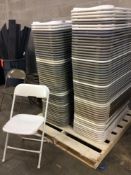 Lot of (107) asst resin/metal folding chairs in white, gray, and beige