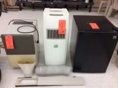 Lot - includes Kenmore mini fridge (unused), Hampton Bay Dehumidifier, and Amcor portable AC unit