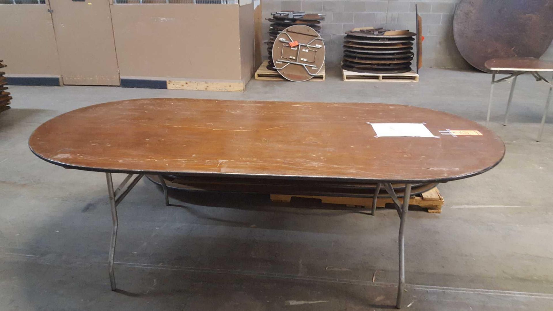 Lot of (6) Palmer racetrack tables, oval 84 inch by 48 inch by 30 in, with folding legs. - Image 2 of 4