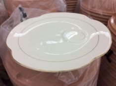 Lot of (200) gold accent bone snack plates, 9.5" - includes (8) washing/transport racks