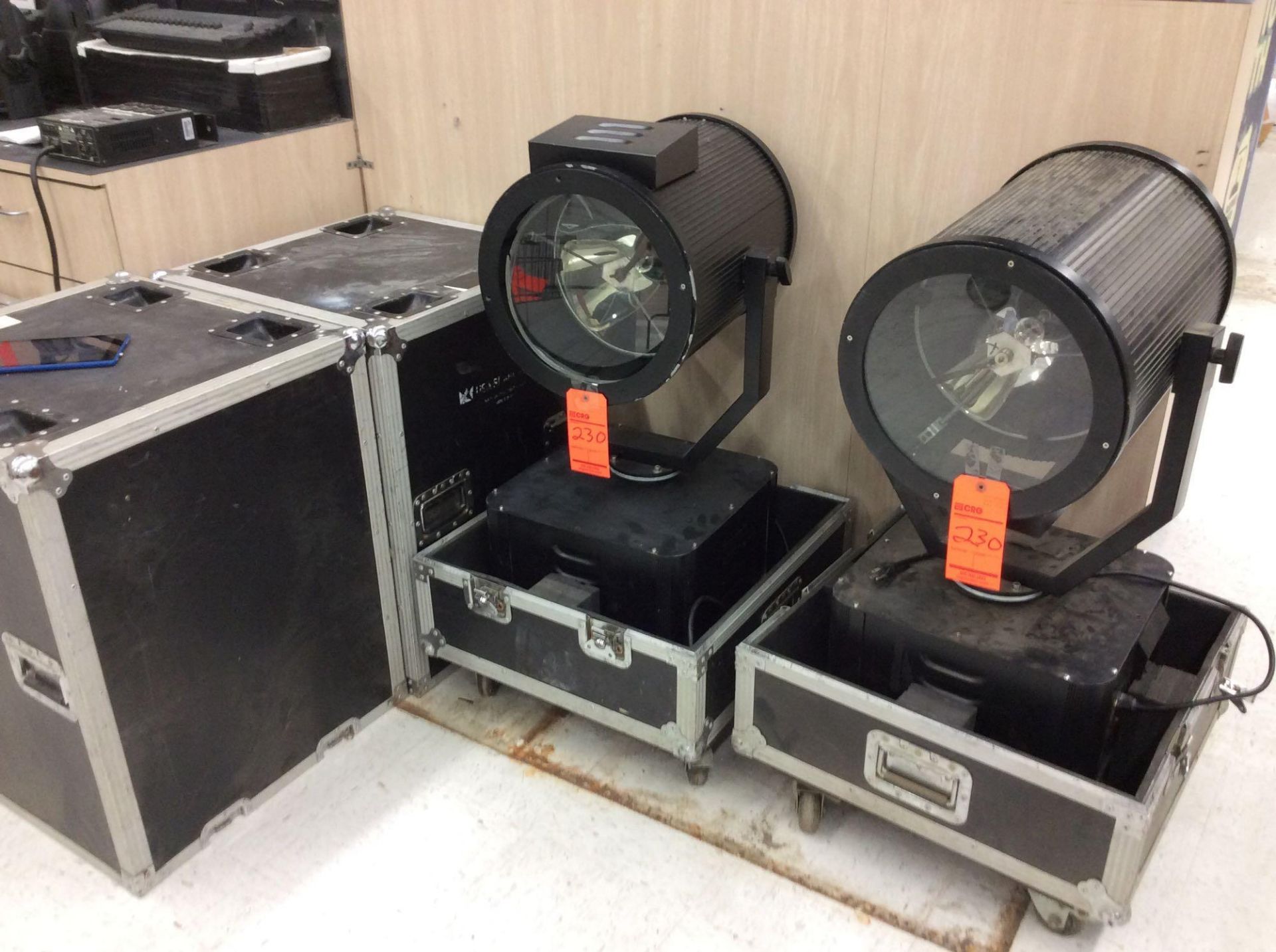 Lot of (2) USA Searchlights 12" spotlights with road cases