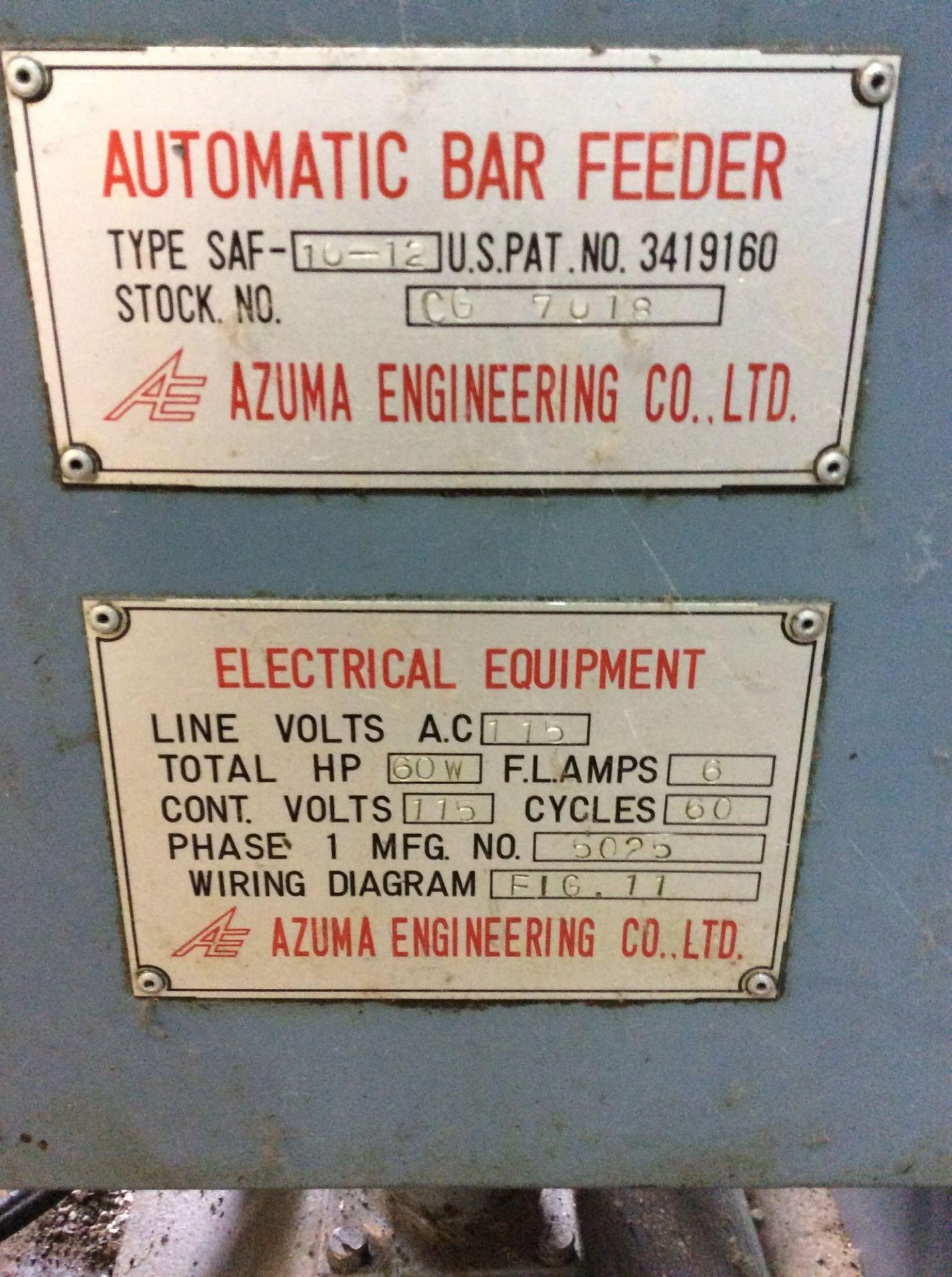 Azuma Engineering automatic bar feeder, mn SAF 10-12, stock number CG-7018 - Image 3 of 4