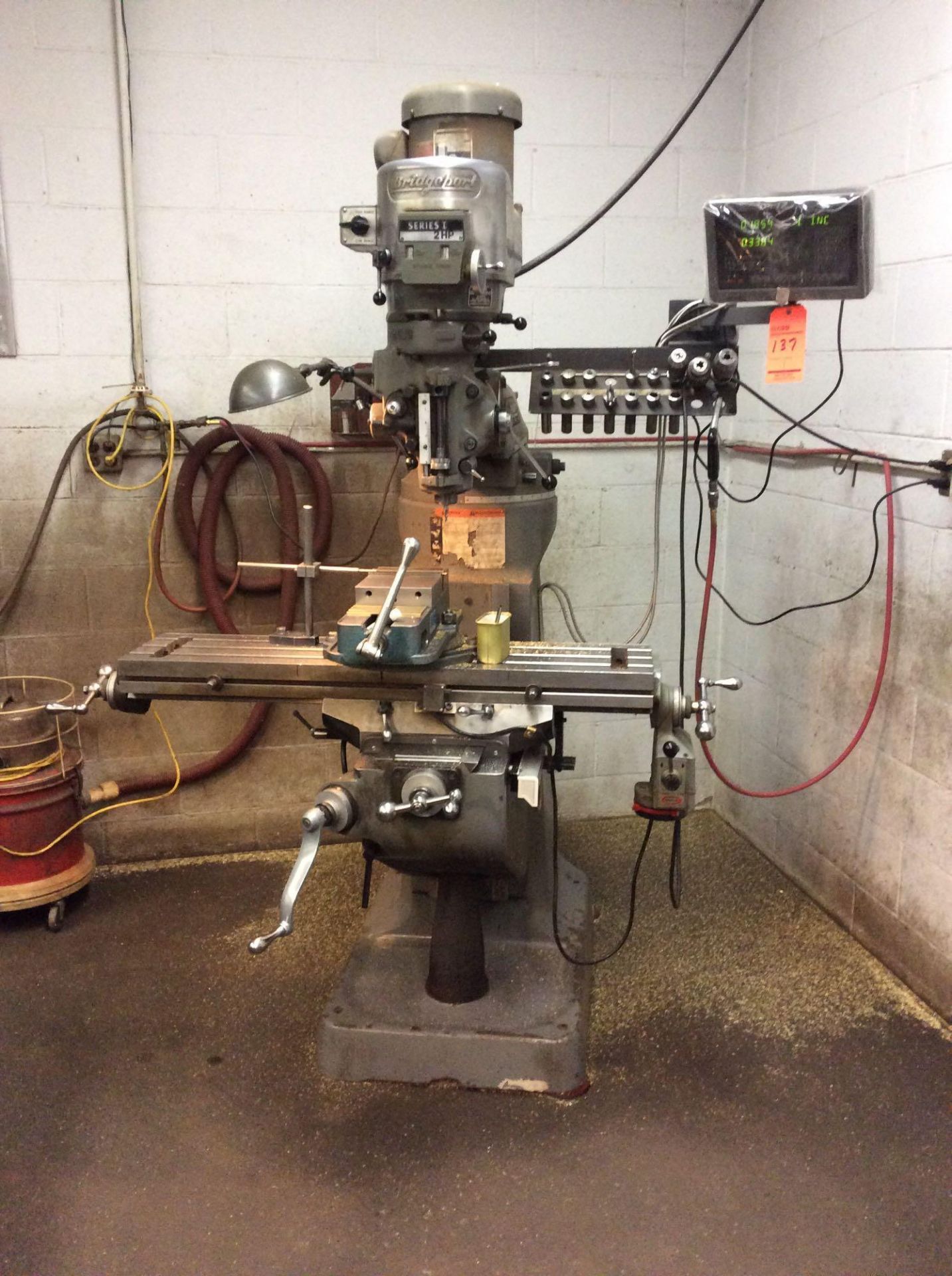 Bridgeport vertical milling machine, sn 243255, 2 hp, 3 phase, 9' x 42" T-slot table, power feed, an