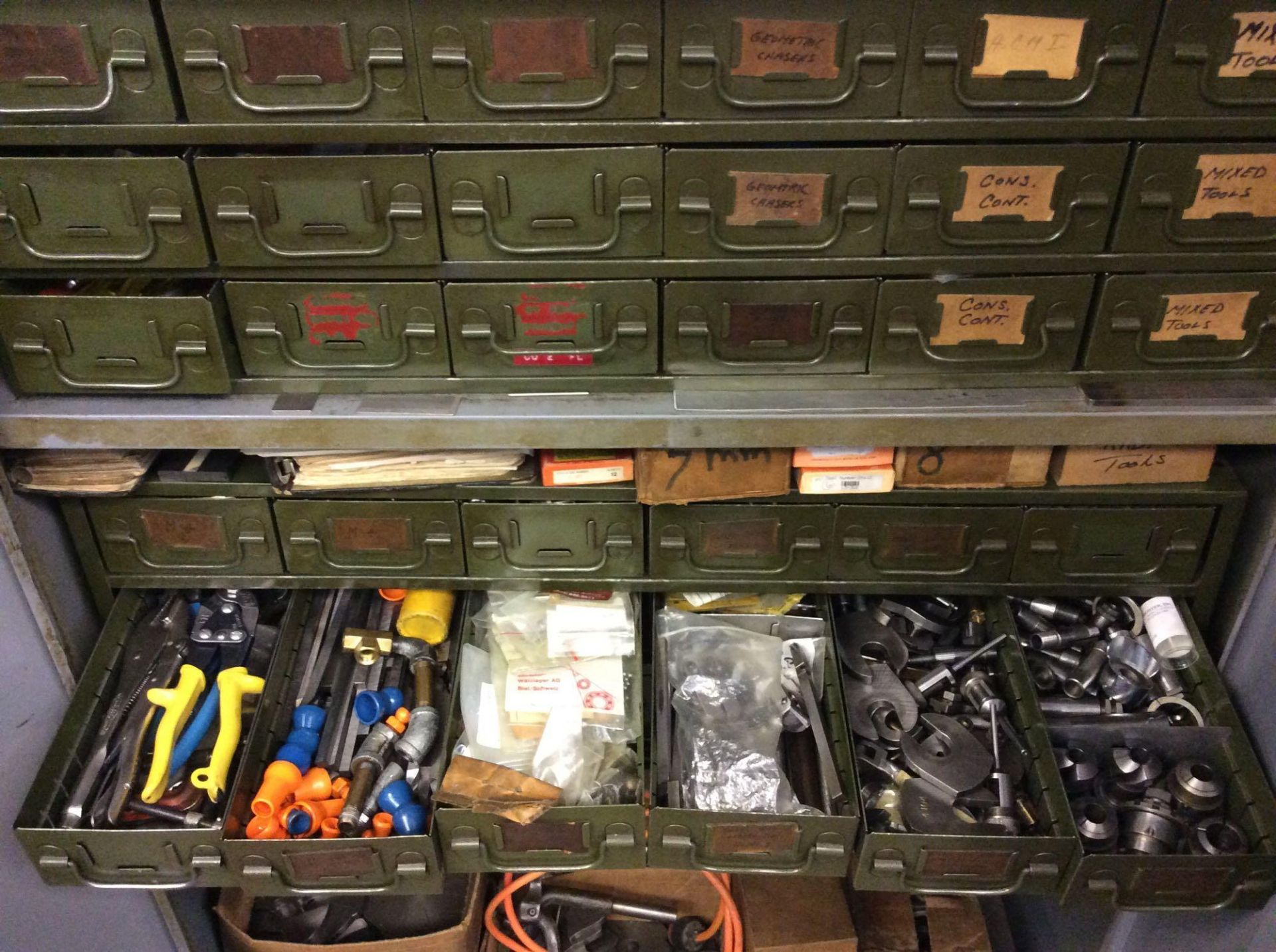 Lot of Swiss/screw machine accessories - includes contents of (2) cabinets - asst belts, chasers, to - Image 4 of 6