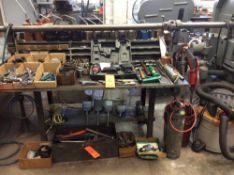 Workbench with contents - includes asst hand tools, oil cans, drum pumps, wet/dry vac, etc