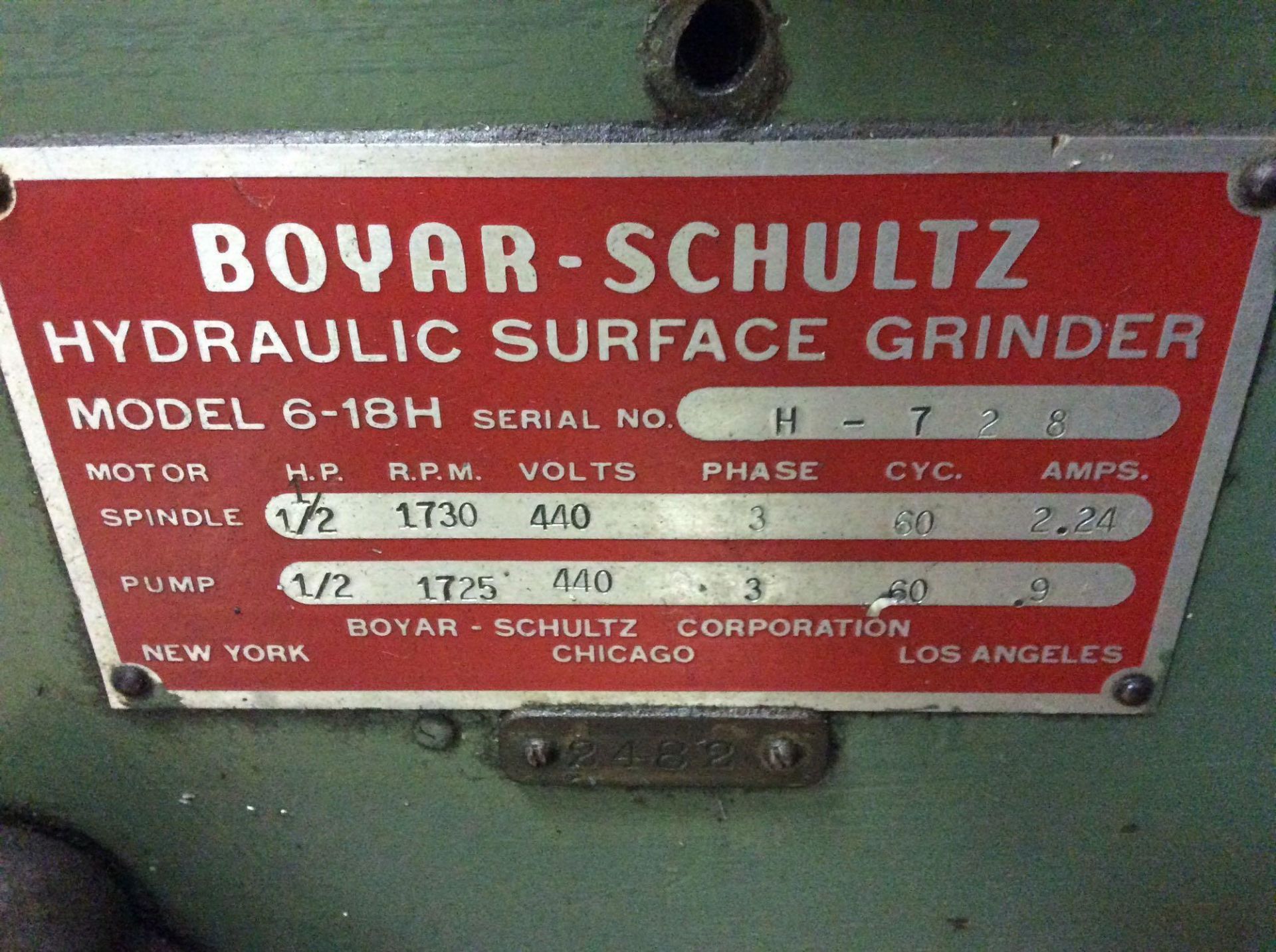 Boyar Schultz surface grinder, 8" wheel, mn 6-18H, sn H-728, 1730 rpm, 1/2 hp, 3 phase, with Walker - Image 3 of 4