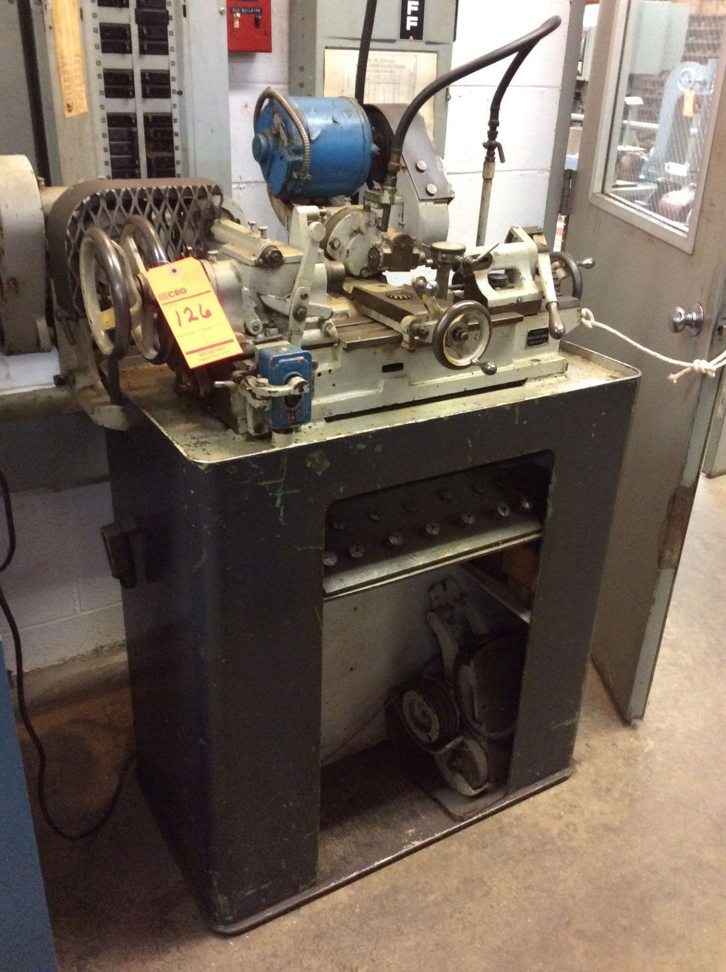 Edward Blake table top thread cutting lathe, belt drive motor, 3 phase, with collets and spare attac