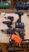 Lot of assorted drills including 2 Ryobi 3/8 inch, VSR, corded electric drills,1 Bosch corded