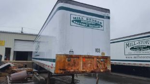 Fruehauf approximate 48 foot tandem axle storage trailer, ID plate is missing, with roll up rear