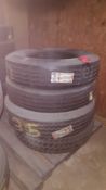 Lot of 6 assorted truck/trailer tires, mostly unused re-caps