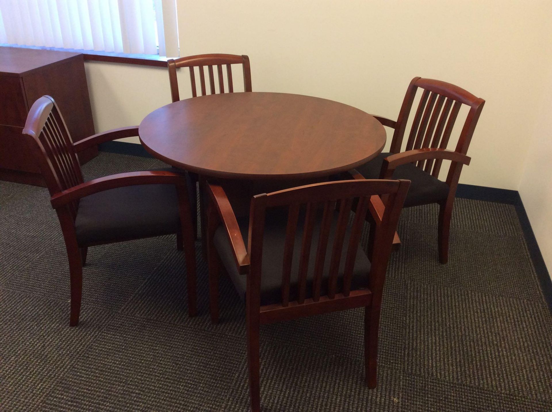 Office suite including U-shaped executive wood desk with over shelf, 42" conference table with (4) a - Image 2 of 3