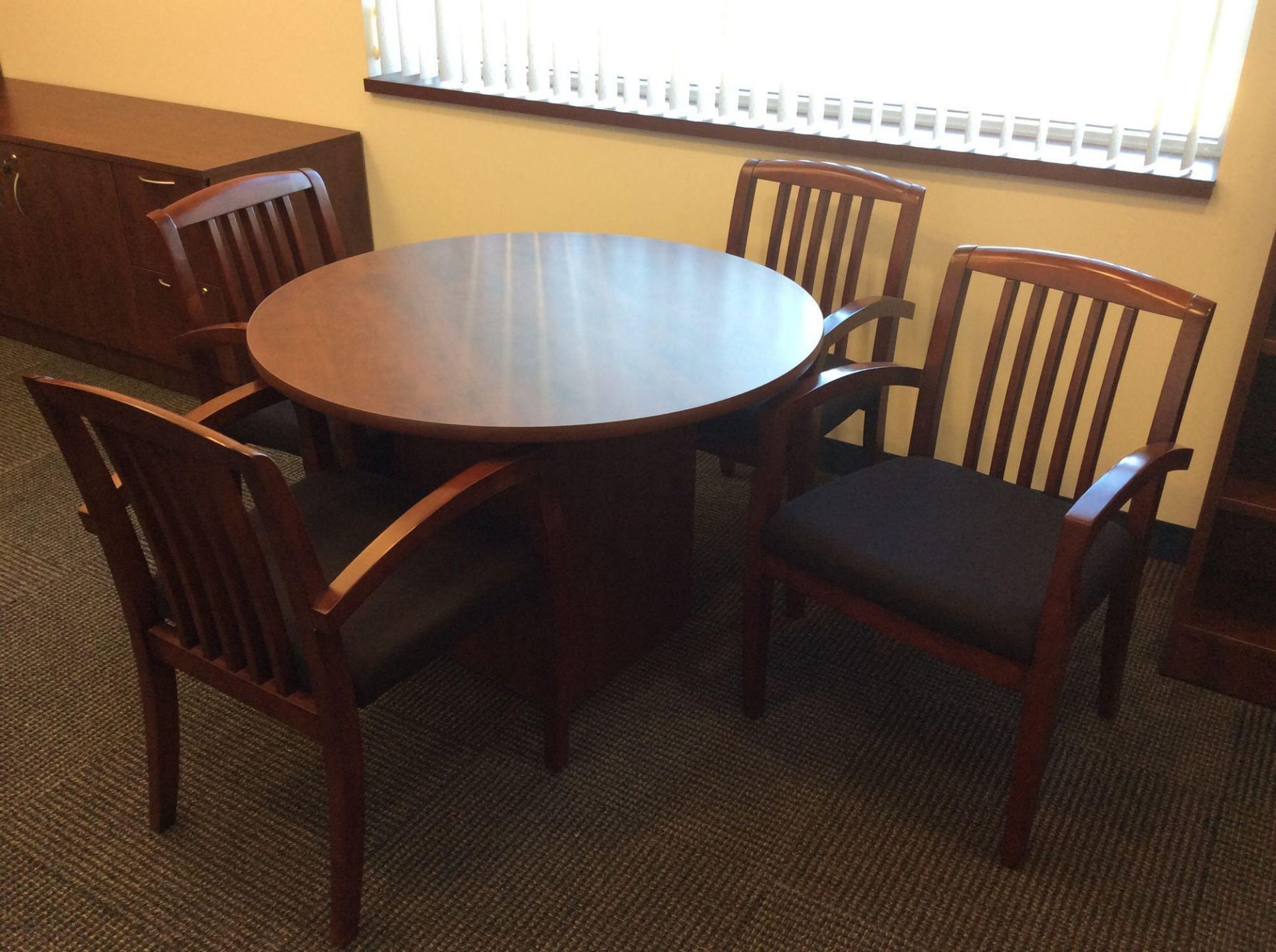 Office suite including U-shaped executive wood desk with over shelf, 42" conference table with (4) a - Image 4 of 5