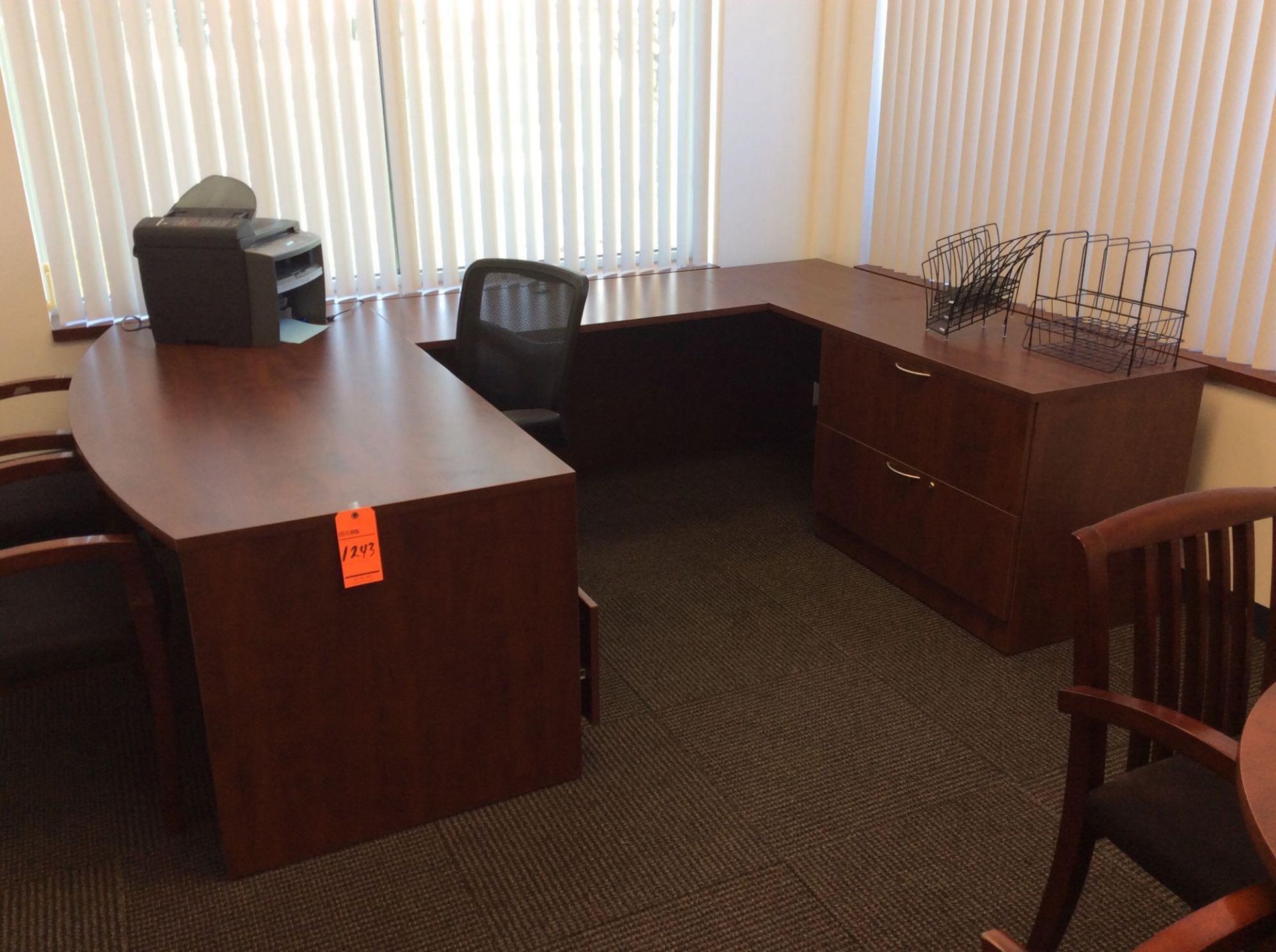 Office suite including U-shaped executive wood desk with 42" conference table with (4) arm chairs, e