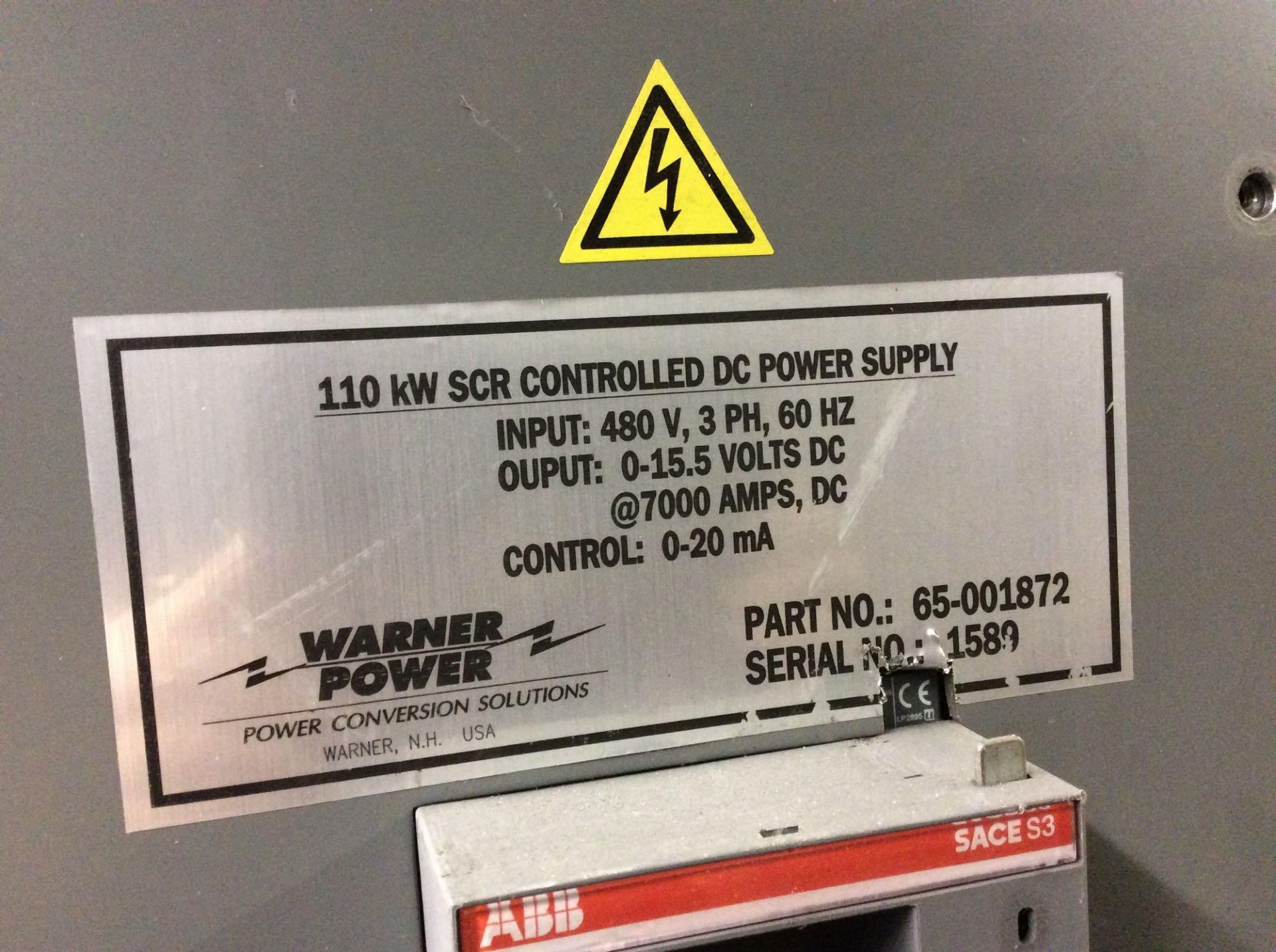 Warner Power 110 kw total SCR controlled DC power supply 480 volt input, 7000 A output (LOTS 672-713 - Image 2 of 6