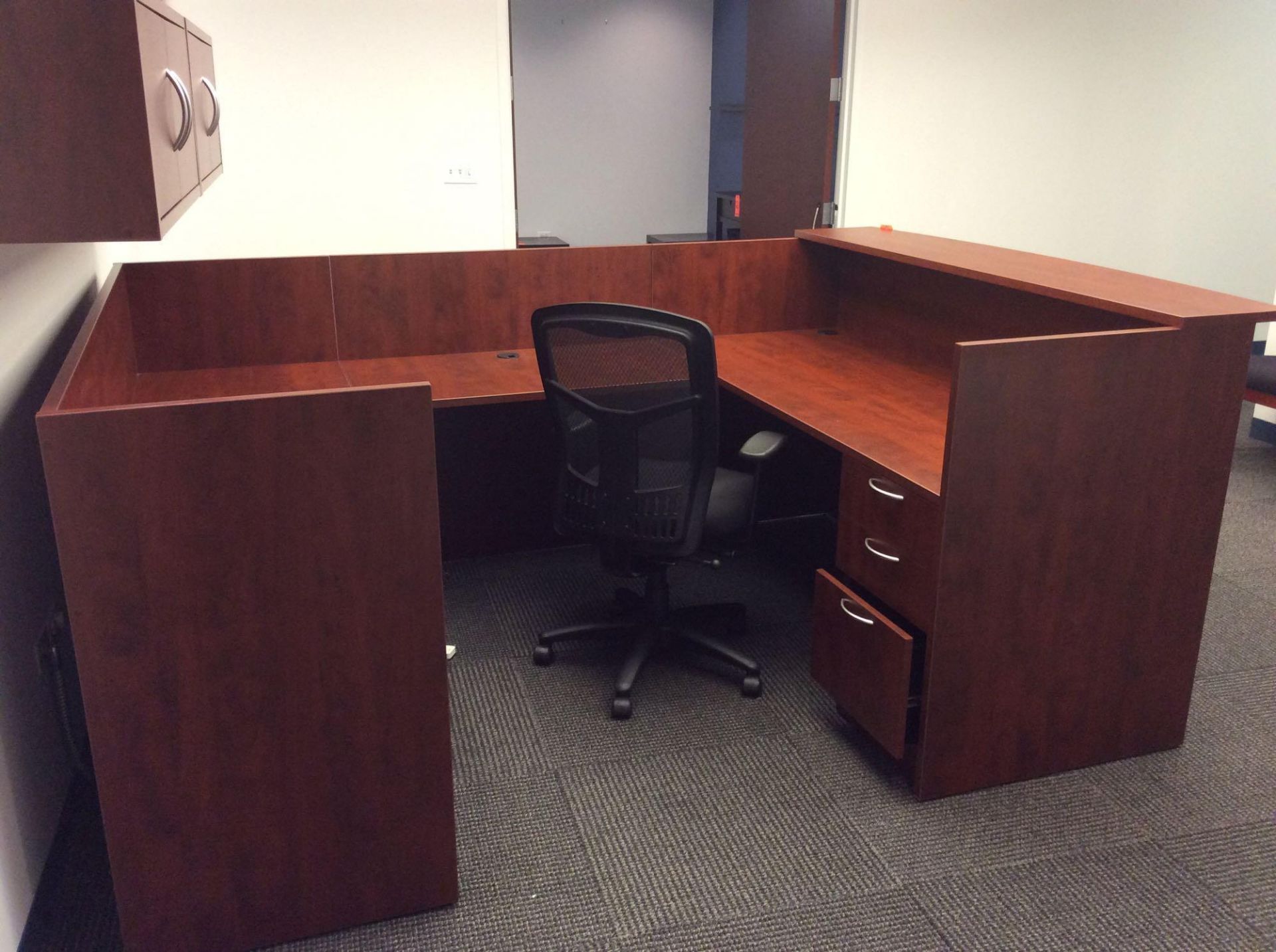 Wood U-shaped receptionist desk with over shelf, executive chair, and (3) wood arm chairs with side - Image 3 of 4