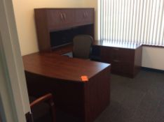 Office suite including U-shaped executive wood desk with over shelf, executive arm chair, and (2) ex