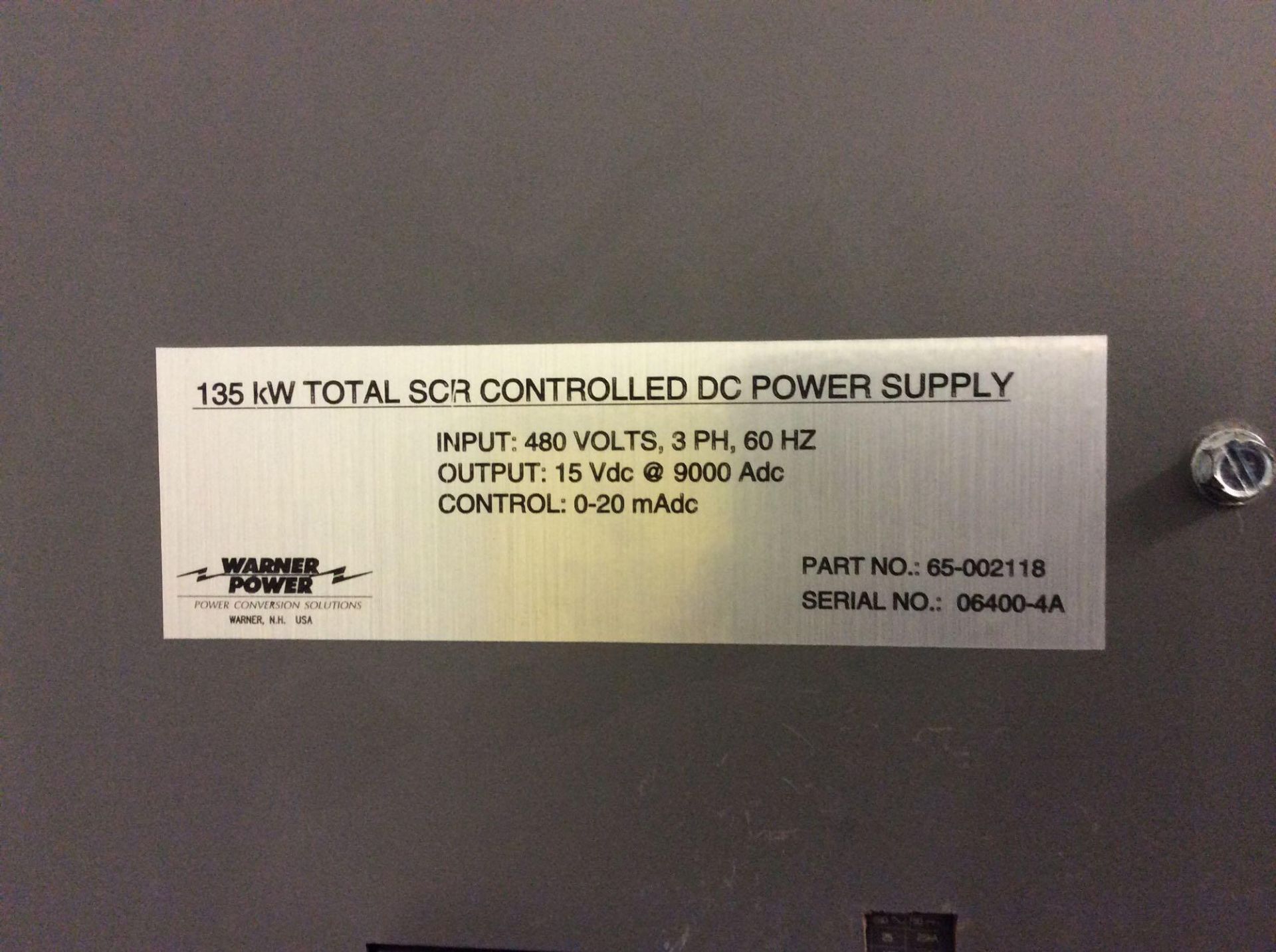 Warner 135kw total SCR controlled DC power supply, 480 volt input, 9000 A output - Image 2 of 2