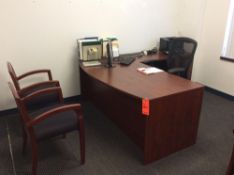 Office suite including L-shaped executive wood desk with 42" conference table with (4) arm chairs, e