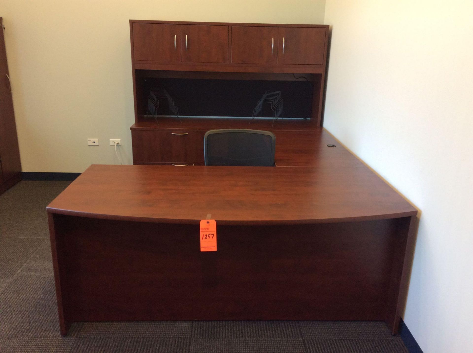 Office suite including U-shaped executive wood desk with over shelf, 42" conference table with (4) a