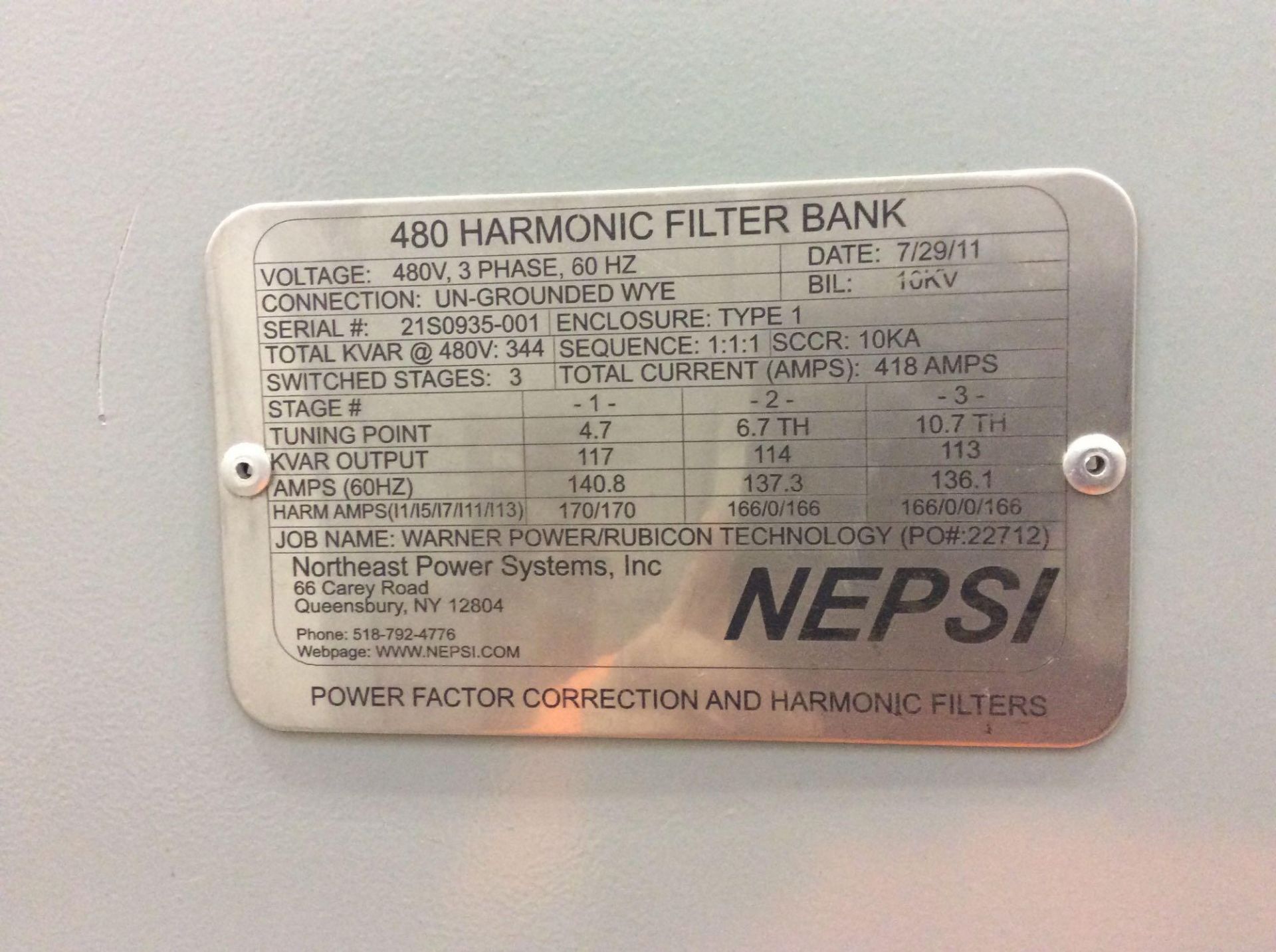 Northeast power systems 480 Harmonic filter bank (LOCATED IN BATAVIA) - Image 2 of 2