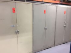 Lot of (3) 2- door storage cabinets with contents including fluids and solvents, asst parts, etc.