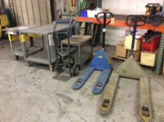 Lot of warehouse moving items including (2) pallet jacks, (1) hand truck, and (3) portable tables an