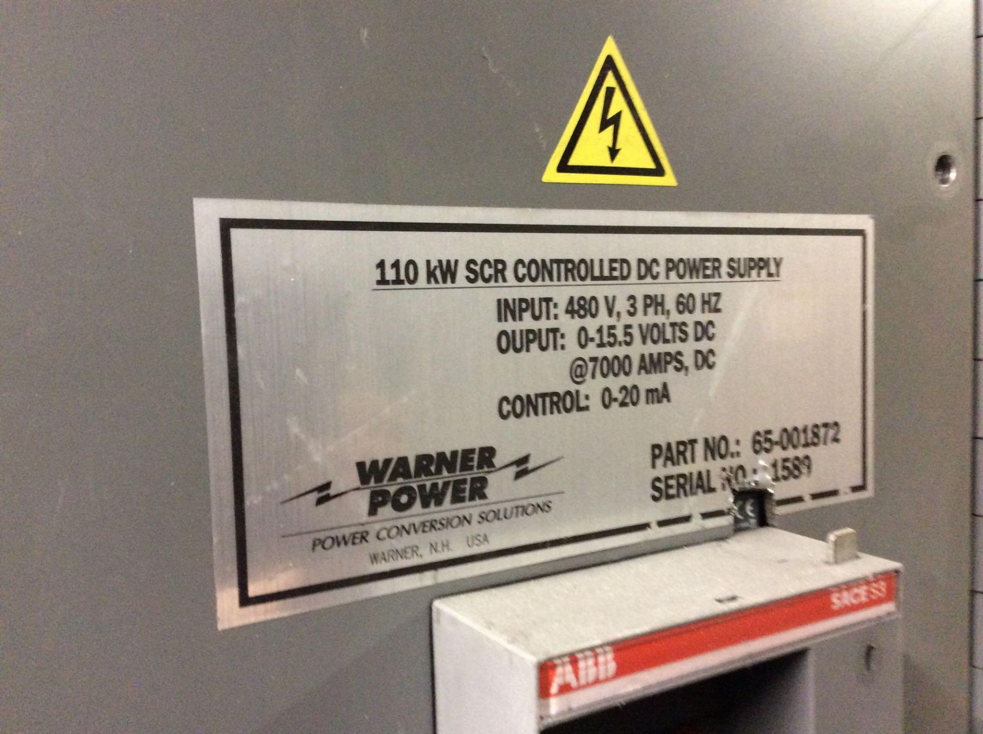 Warner Power 110 kw total SCR controlled DC power supply 480 volt input, 7000 A output - Image 2 of 2