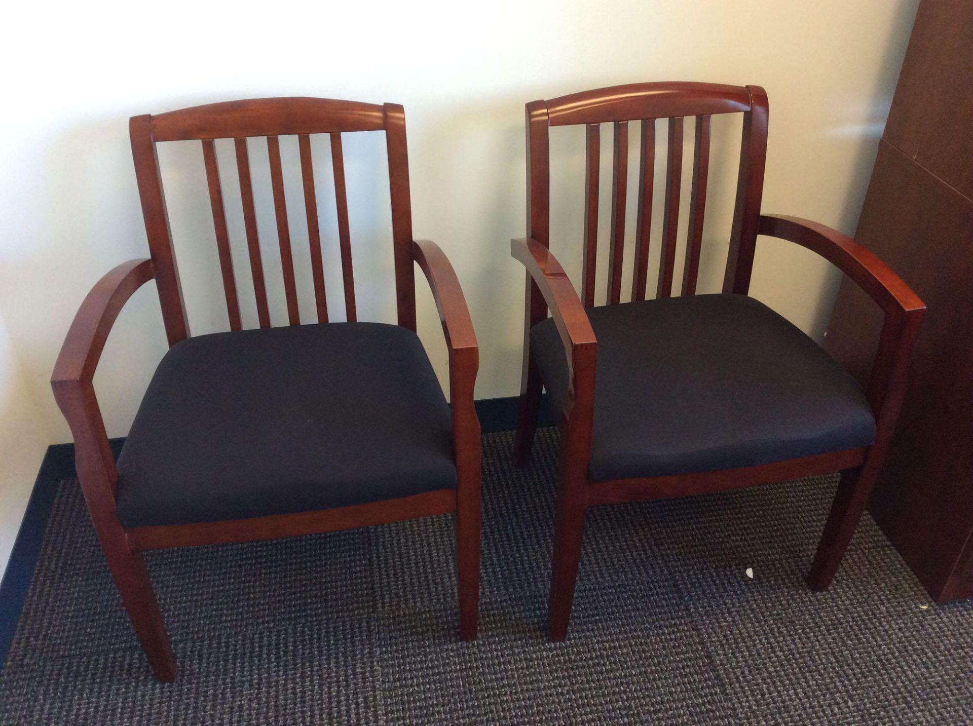 Office suite including U-shaped executive wood desk with over shelf, executive arm chair, and (2) ex - Image 2 of 2