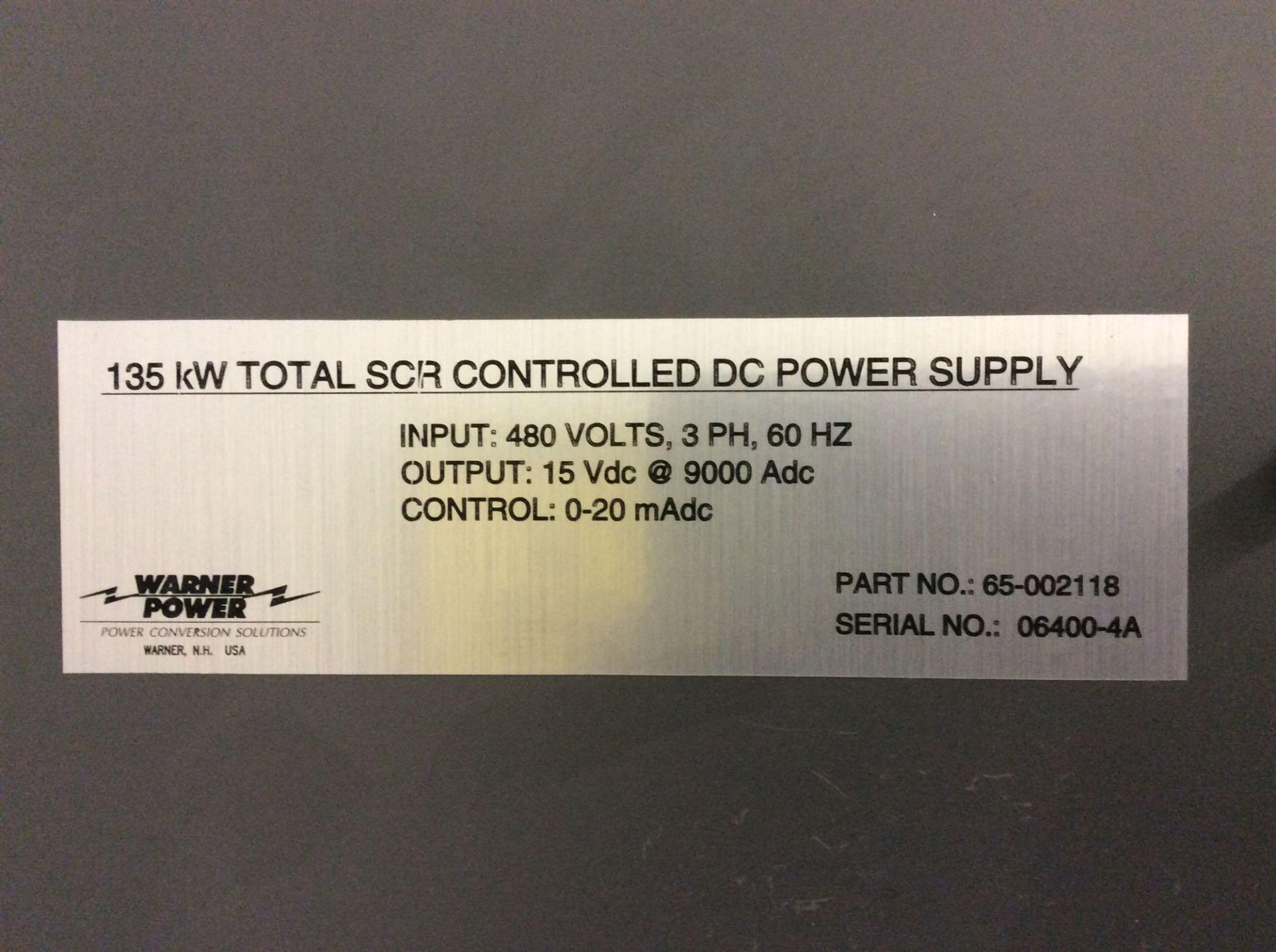 Warner 135kw total SCR controlled DC power supply, 480 volt input, 9000 A output - Image 2 of 2