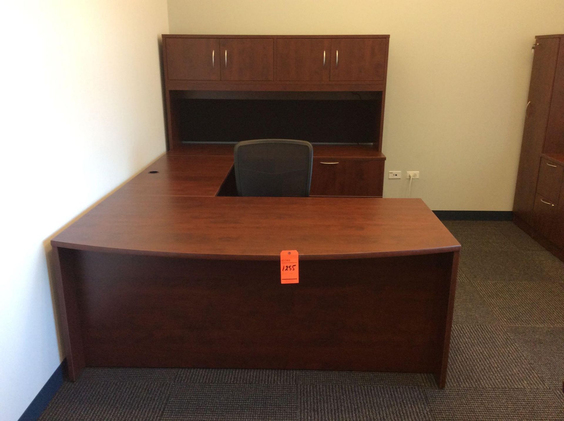 Office suite including U-shaped executive wood desk with over shelf, 42" conference table with (4) a - Image 2 of 5