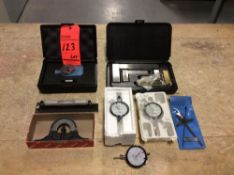 Lot of precision measuring devices including (1) hardness tester, (3) dial indicators, level, right