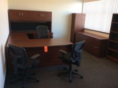 Office suite including U-shaped executive wood desk with over shelf, 42" conference table with (4) a