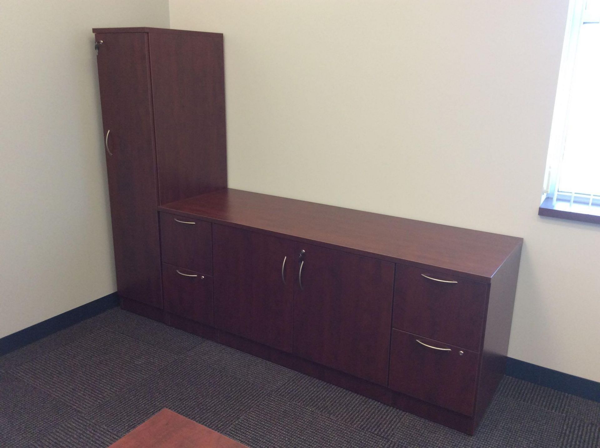 Office suite including U-shaped executive wood desk with over shelf, 42" conference table with (4) a - Image 3 of 5