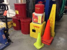 Lot of safety items including bench top flammable storage box, (3) Just-Rite oily waste cans, gas ca