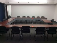 Sectional U-shaped conference room including (8) 5' wood top and steel legged tables with metal drop