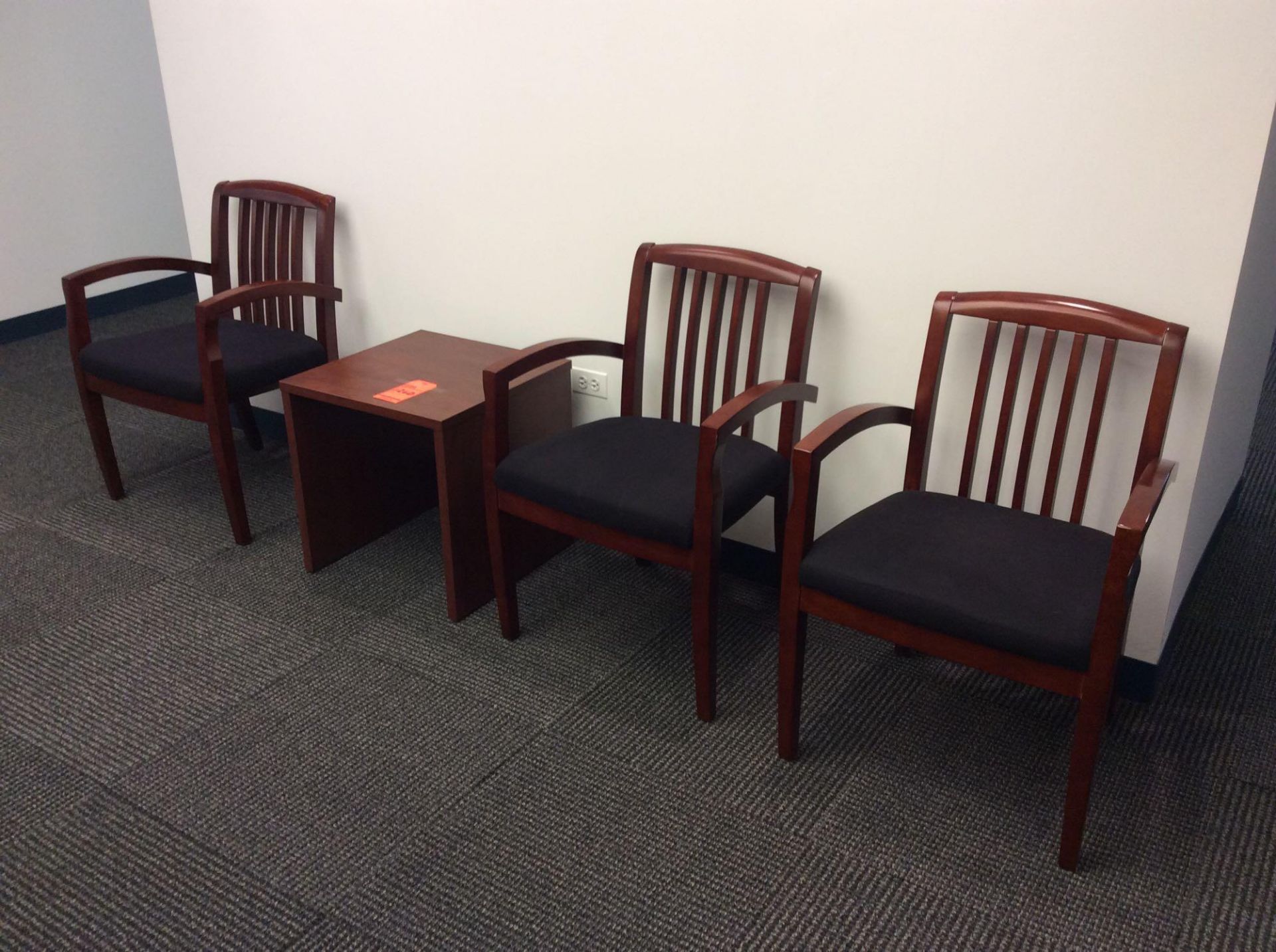 Wood U-shaped receptionist desk with over shelf, executive chair, and (3) wood arm chairs with side - Image 4 of 4