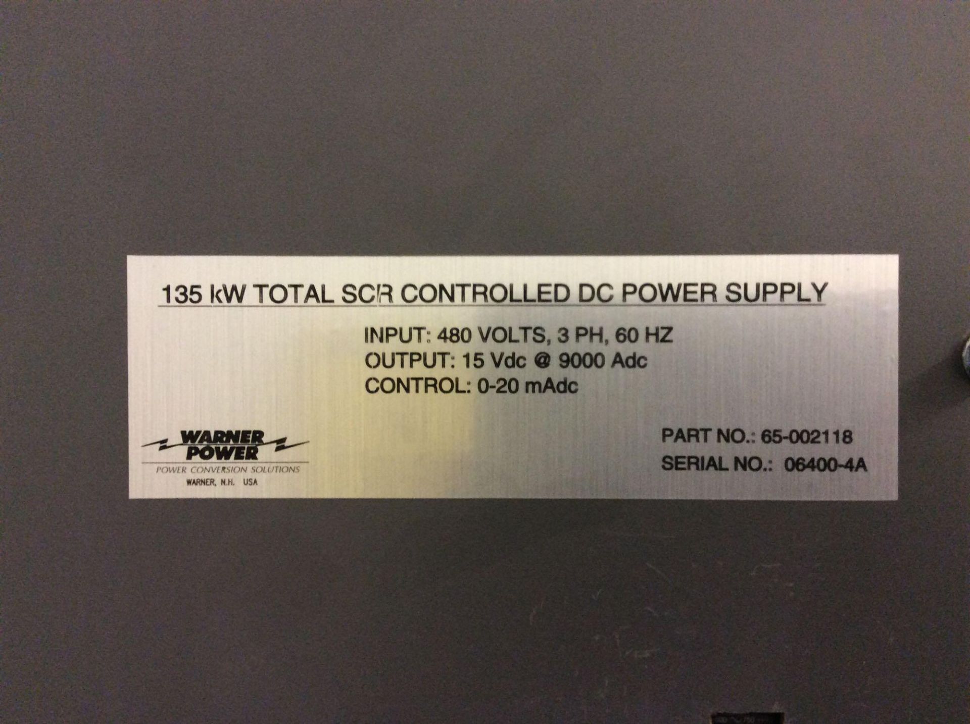 Warner 135kw total SCR controlled DC power supply, 480 volt input, 9000 A output - Image 2 of 2