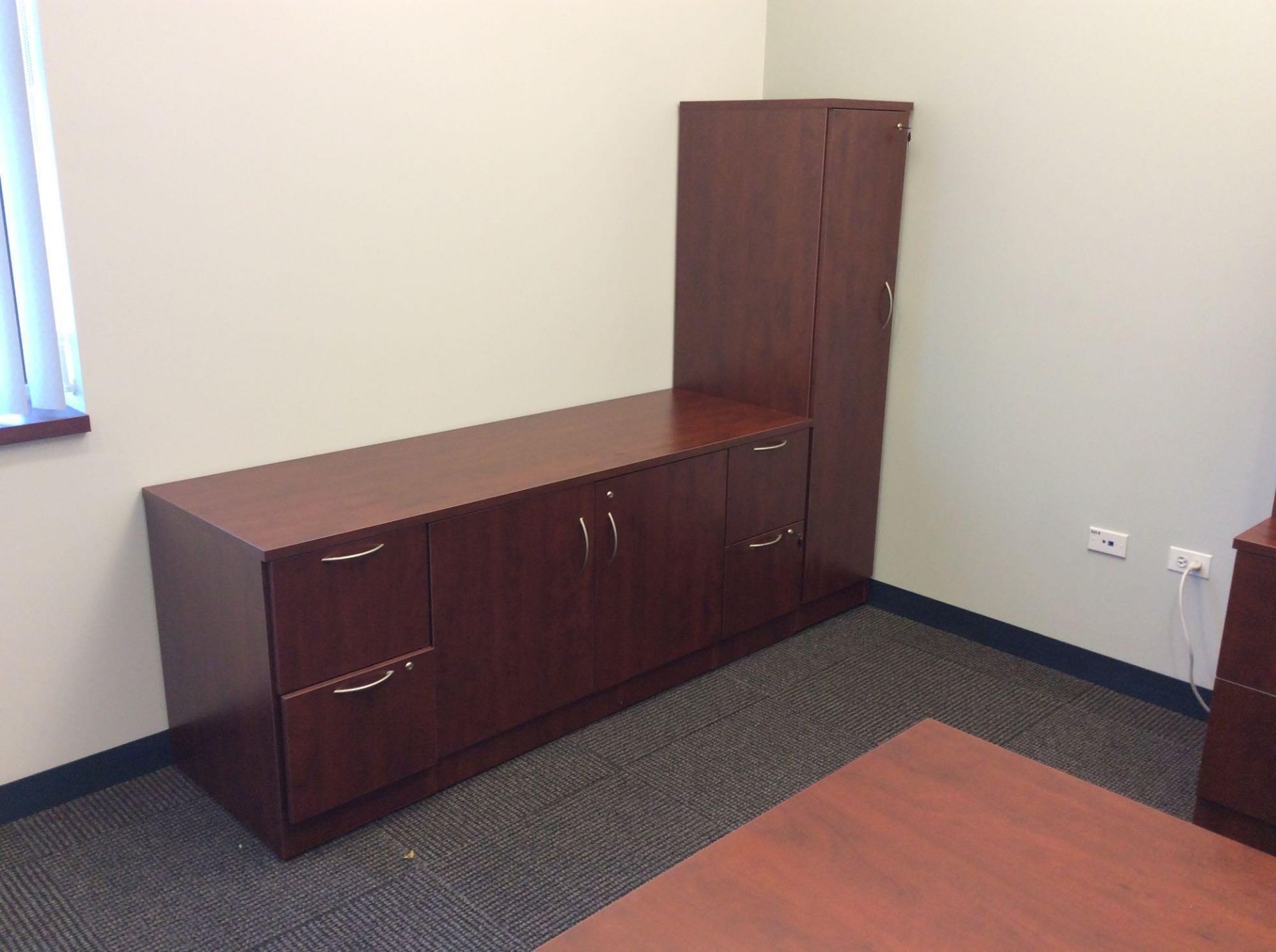 Office suite including U-shaped executive wood desk with over shelf, 42" conference table with (4) a - Image 2 of 3