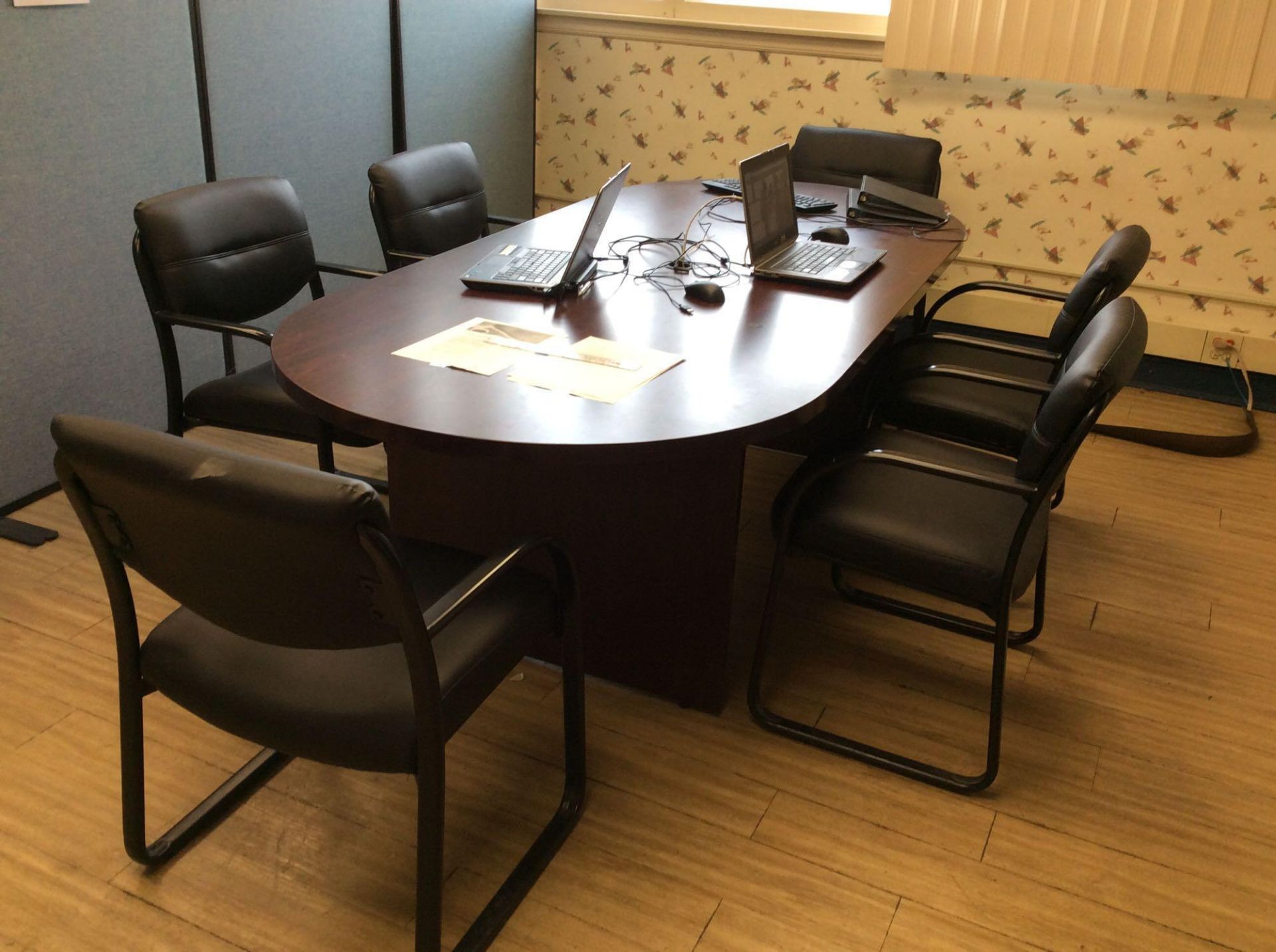 Lot asst office furniture including 8' oval conference table with (6) leather arm chairs, (2) 6' woo
