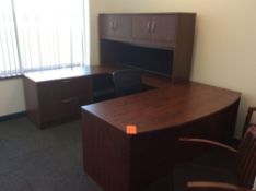 Office suite including U-shaped executive wood desk with over shelf, executive arm chair, and (2) ex